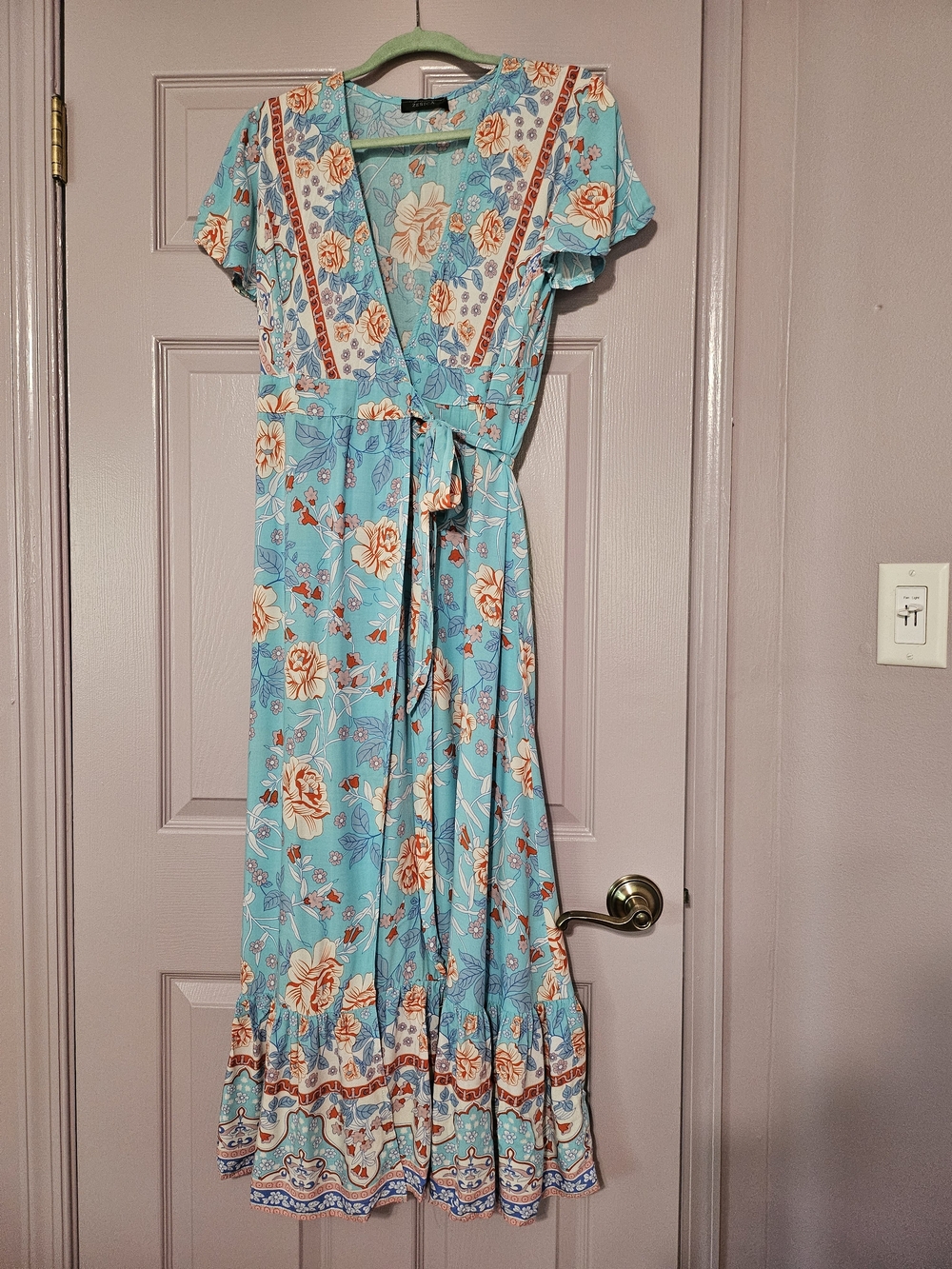 ZESICA Women's Bohemian Floral Print V Neck Tie-Waist Maxi Dress - Blue